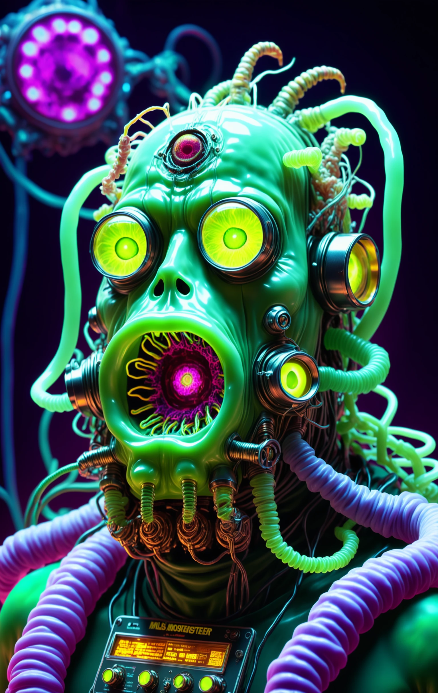 Post-Minimalism, large eye blubber organism, Mustard smoldering skin, glossy circuit board cellular frame, electrified maggot limbs, vacuum tube amp wires, twisted neck, oozing pulsating matter, spewing larva vomit from large bubbles, translucent Frankenstein's Monstermask sack with veins showing multi colored nervous system, neon glow background, insanely detailed, Eye Level Shot