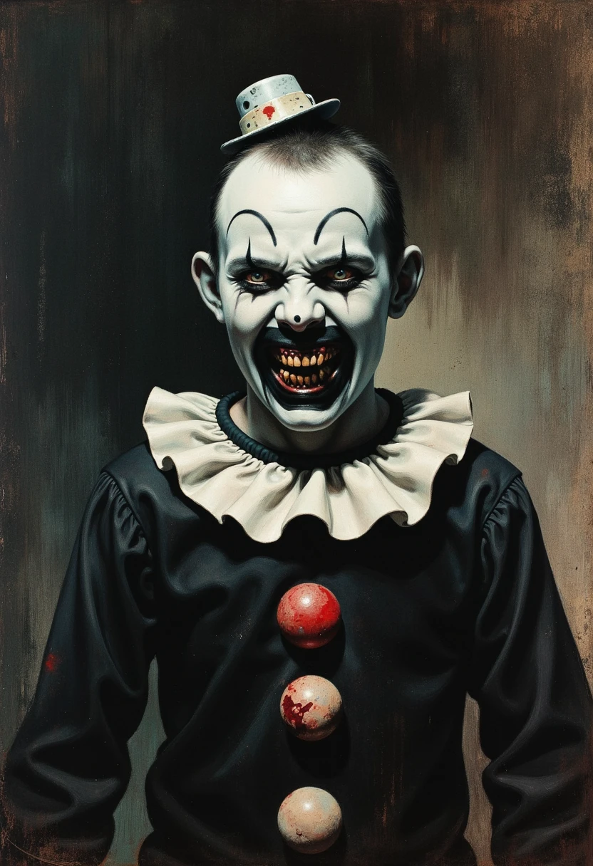 frank frazetta fantasy oil painting of a terrifying creepy male clown character with white face paint and extremely pale skin, exaggerated black lines for eyebrows and eyes, and a sinister wide smile with dark, decayed teeth, wearing a filthy black and white clown costume with large pom-pom buttons (one blood-stained). The character has an unsettling, intense stare, extreme horror aesthetic.