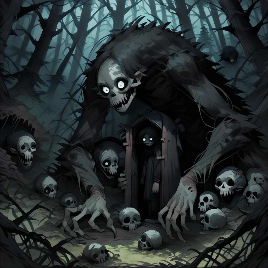 dark forest, unsettling, closet, skulls, monster, dirty