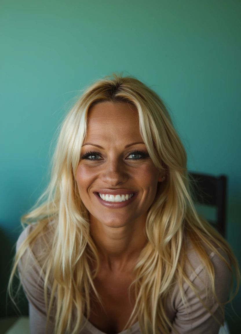 a close up of Pamela, facing the camera with long blonde hair.  she's happy with a big smile on her face. she's wearing a conservative church dress.
Soft, turquoise light washes gently over the scene, casting faint shadows that blend smoothly into the background, creating a cool, aquatic feel. 