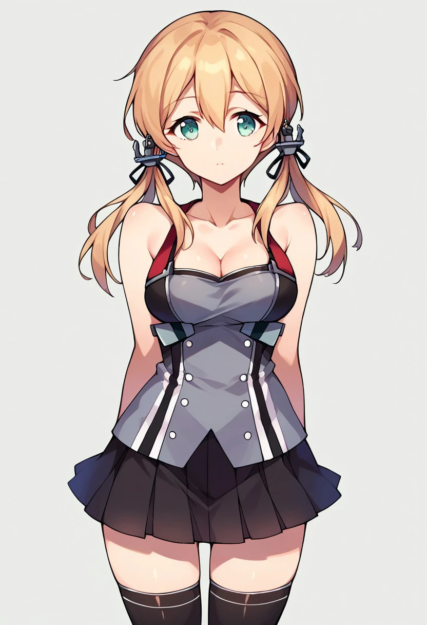 score_9, score_8, score_7, source_anime, prinz eugen (kancolle), low twintails, anchor hair ornament, cowboy shot, thighhighs, prigenskirt, collarbone, cleavage, standing, black thighhighs, bare shoulders