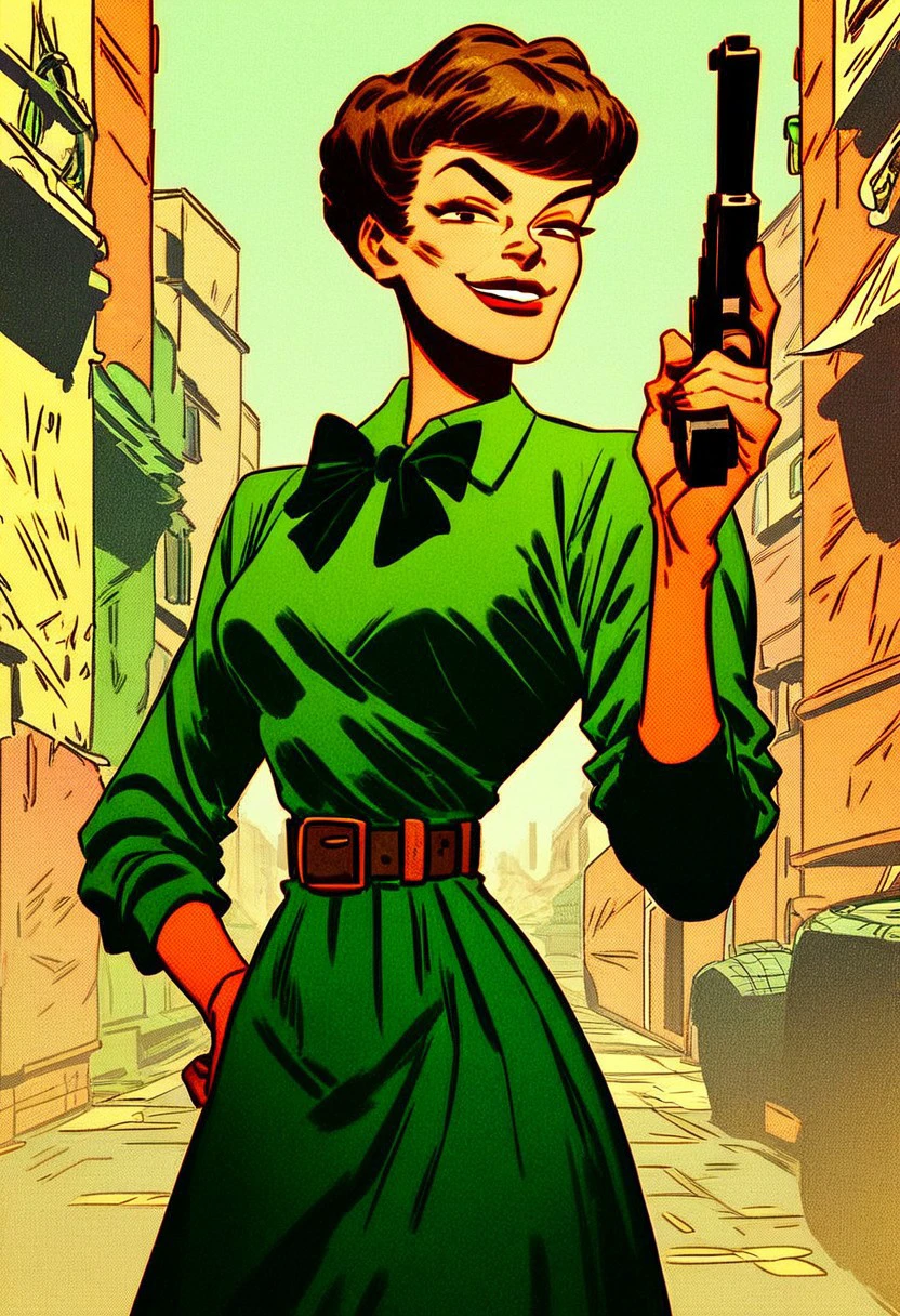 score_9_up, score_8_up, score_7_up, score_6_up, 1girl, solo, valerie_vaughn, brown hair, short hair, green blouse, belt, green skirt, bow, red lipstick, smug smile, looking at viewer, holding handgun, (standing in an alleyway)