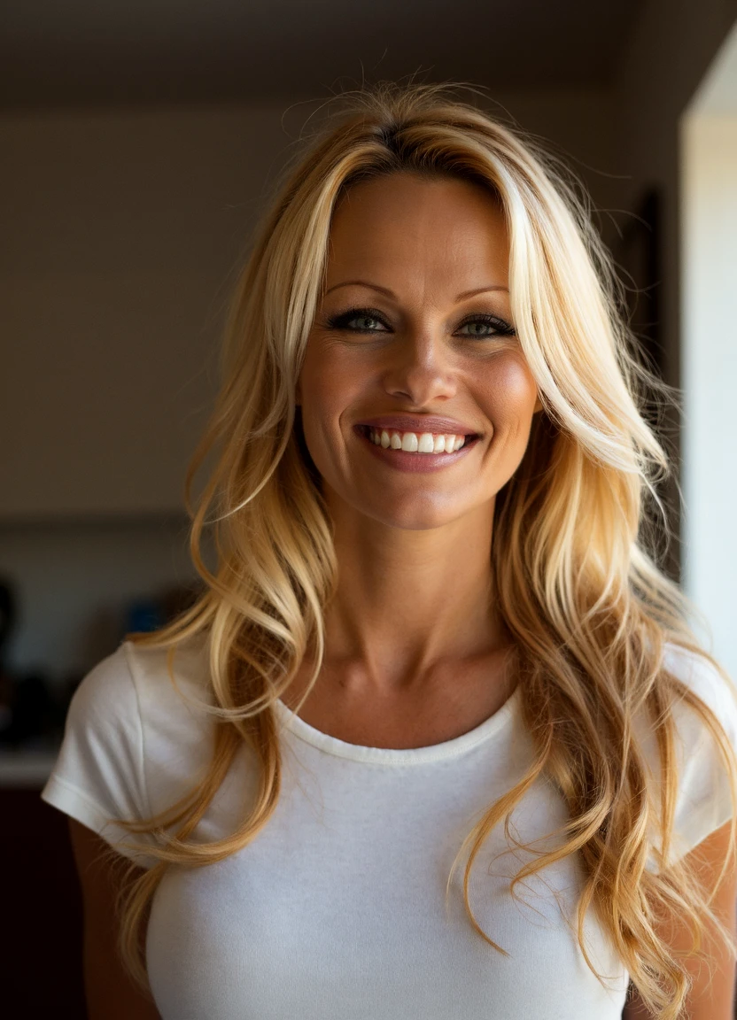 a close up of Pamela, facing the camera with long blonde hair.  she's happy with a big smile on her face. she's wearing a conservative church dress.The scene is bathed in sharp, crisp white light, casting bold and defined shadows that emphasize contrast and depth. 