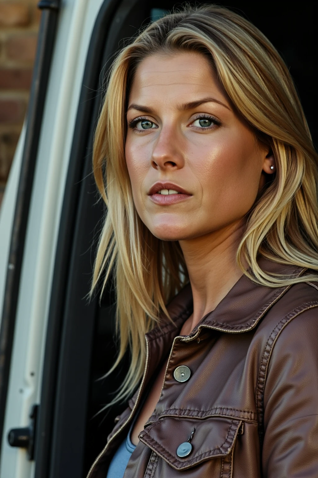 professional photography, ((semi-close portrait)), 30yo blonde woman posing for a picture as a female trucker <lora:Herbst_Photo_Style_v3:0.5> <lora:Pro-skin:0.3> <lora:Ali_Larter_Flux:1>