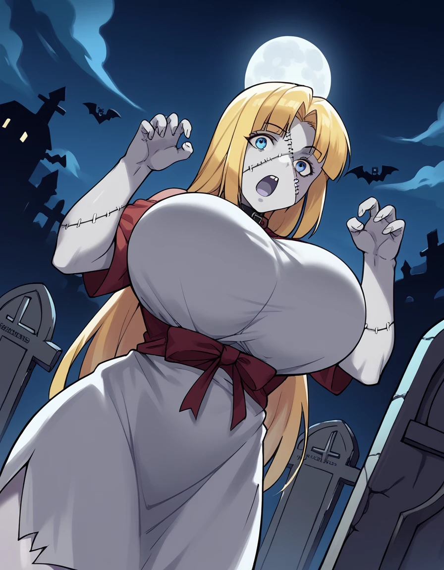 score_9, score_8_up, score_7_up, source_anime, <lora:chloe-mansfield-s1-ponyxl-lora-nochekaiser:1>, chloe mansfield, long hair, bangs, blue eyes, blonde hair, huge breasts,, <lora:zombie-ponyxl-lora-nochekaiser:1>, zombie, colored skin, stitches, grey skin, multicolored skin, stitched face, zombie pose, halloween, halloween costume,, night, moon, graveyard, tombstone, grave, open mouth, , dutch angle, cowboy shot