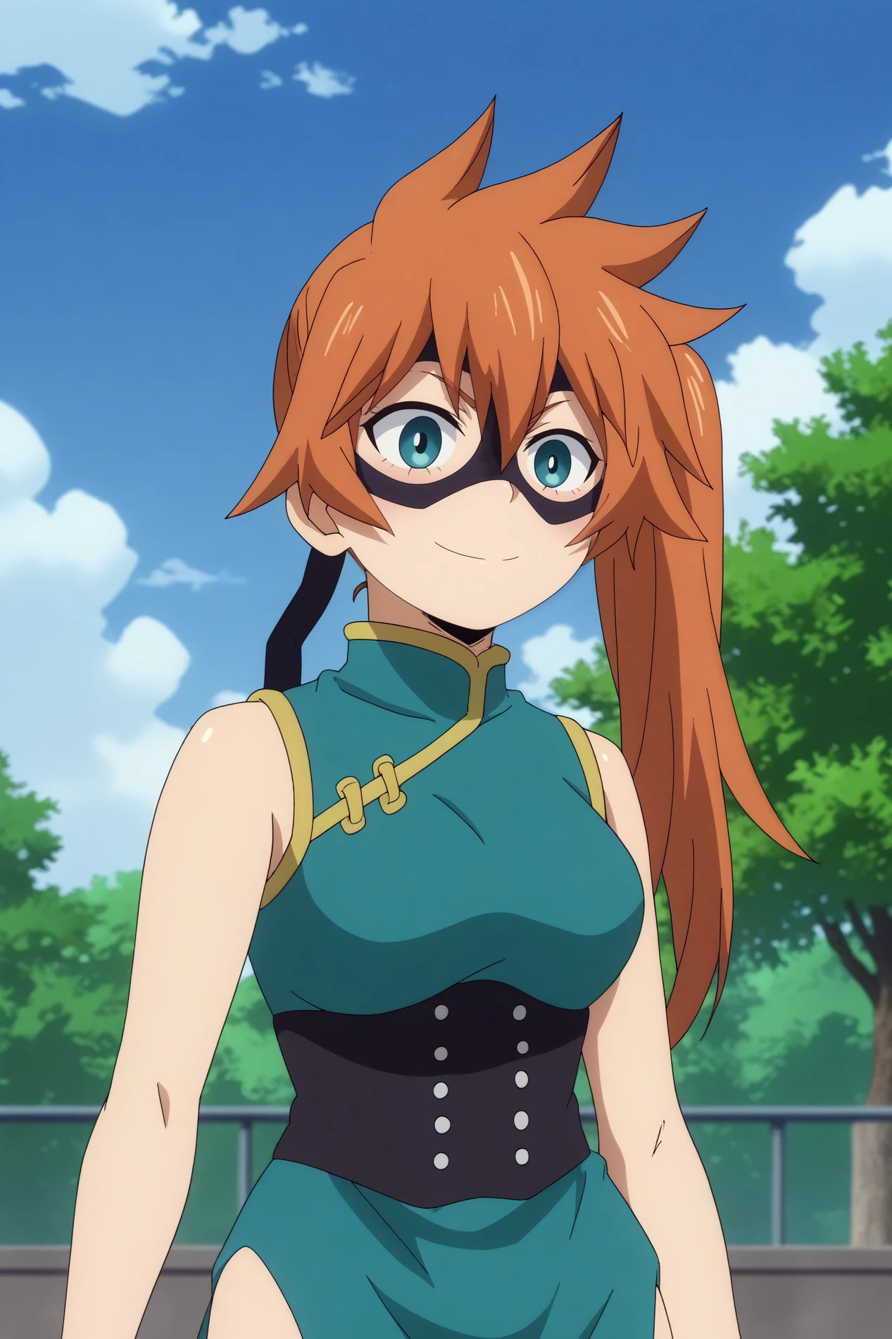 itsuka kendo,1girl,solo,breasts,medium breasts,side ponytail,smile,long hair, green eyes,ponytail,chinese clothes,domino mask,china dress,hair ribbon,belt BREAK outdoors,blue sky,cityscape,cloud,tree  Tapping foot to a rhythm,   <lora:Itsuka_Kendo_-_My_Hero_Academia.safetensors:0.8>