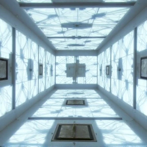 cpollcubemovie, cpollcubewhite, full room, wide view, frontal view, symmetrical layout, geometric patterns, glowing walls, sterile environment, isolated feeling, closed hatch, "A 5x5x5 meter white room viewed from a wide perspective. The room is shown from a POV angle looking straight into the space with no people visible. The room has an identical, symmetrical layout on all sides, with geometric patterns on the walls. In the center of each wall is a closed, square metal hatch. The walls feature a glowing effect with soft white lighting, creating a sterile environment and a sense of isolation."