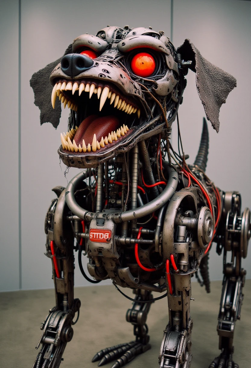 <lora:Animatronic_Assembler_FLUX:1.0>
The image is a high-resolution photograph of a highly detailed, life-sized robotic dog, crafted from intricate mechanical parts and metal components. The robot, resembling a large, aggressive dog, has a menacing appearance. Its body is a complex amalgamation of various metallic pieces, wires, and mechanical parts, giving it a skeletal, skeletal appearance. The head is particularly striking, featuring two large, glowing red eyes that give it a menacing, almost demonic look. The mouth is wide open, revealing sharp, jagged, white teeth that are made to look like they could be made of plastic or resin, contrasting with the metallic body.
The dog's fur is represented by a mesh of wires and metal plates, arranged to mimic fur texture, but it's clear these are artificial. Its ears are large and pointed, made from twisted metal and wires.