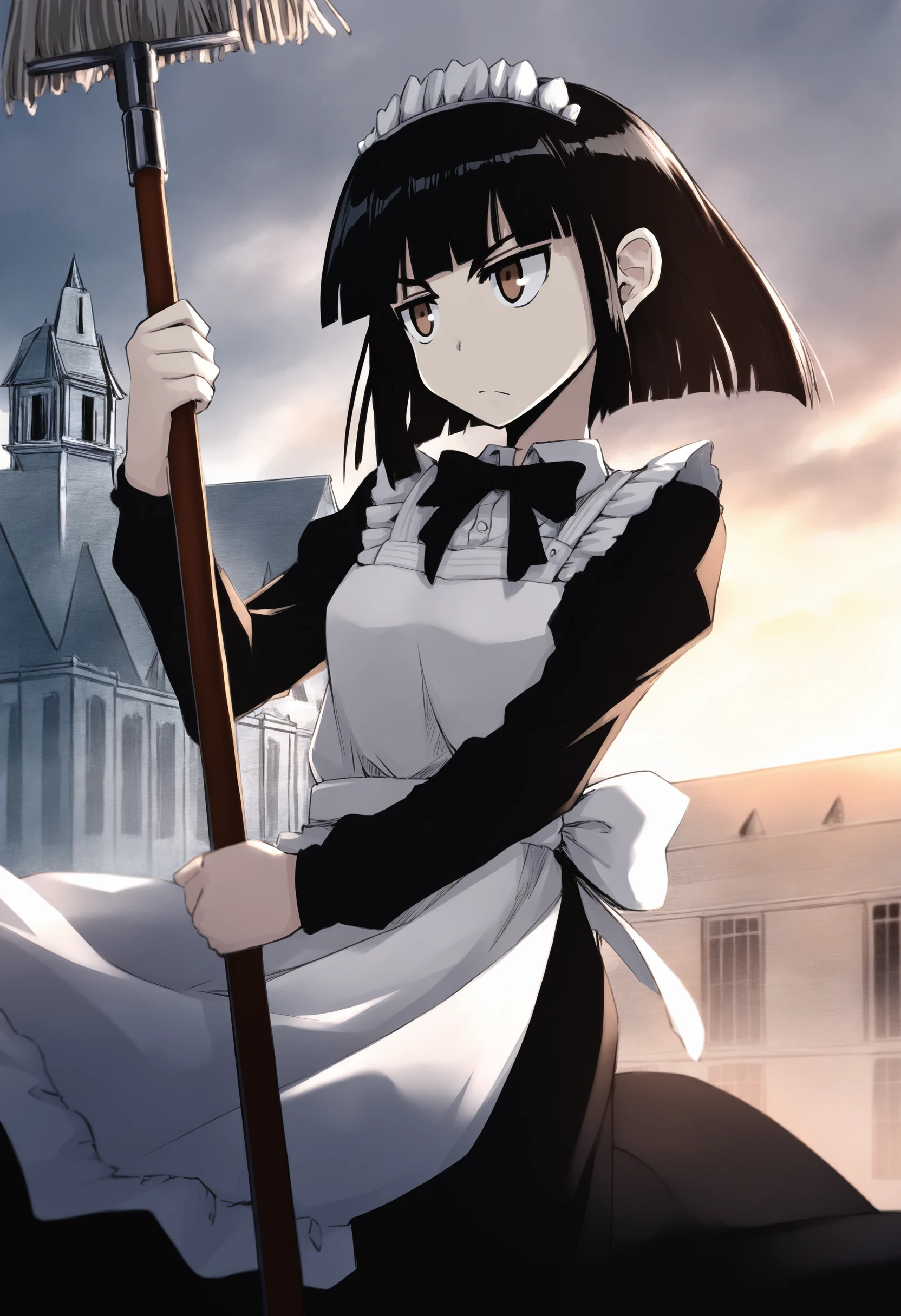 masterpiece, best quality, 1girl, solo,   Abbey, black hair, bob cut, blunt bangs, brown eyes, maid headdress,  white apron, black dress, black bowtie, black sleeves, mansion, holding mop,   <lora:Abbey IXL 3:1>