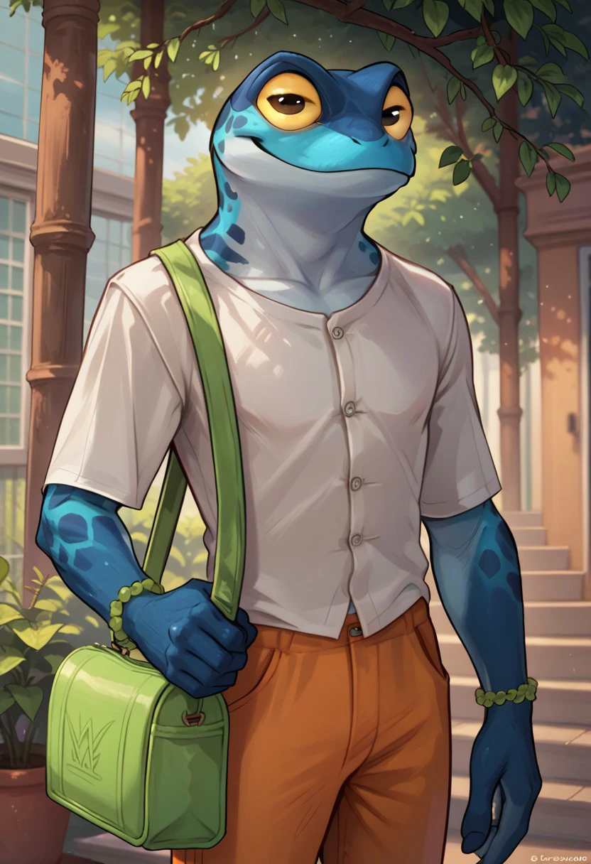 score_9_up, score_8_up, score_7_up, rannoLovers, frog, blue skin, spots, reptile, yellow sclera, white shirt, bead bracelet, shoulder bag, orange pants, holding shoulder strap, standing outsde school, solo, 1boy, furry, detailed background, looking at viewer, smile, half body view