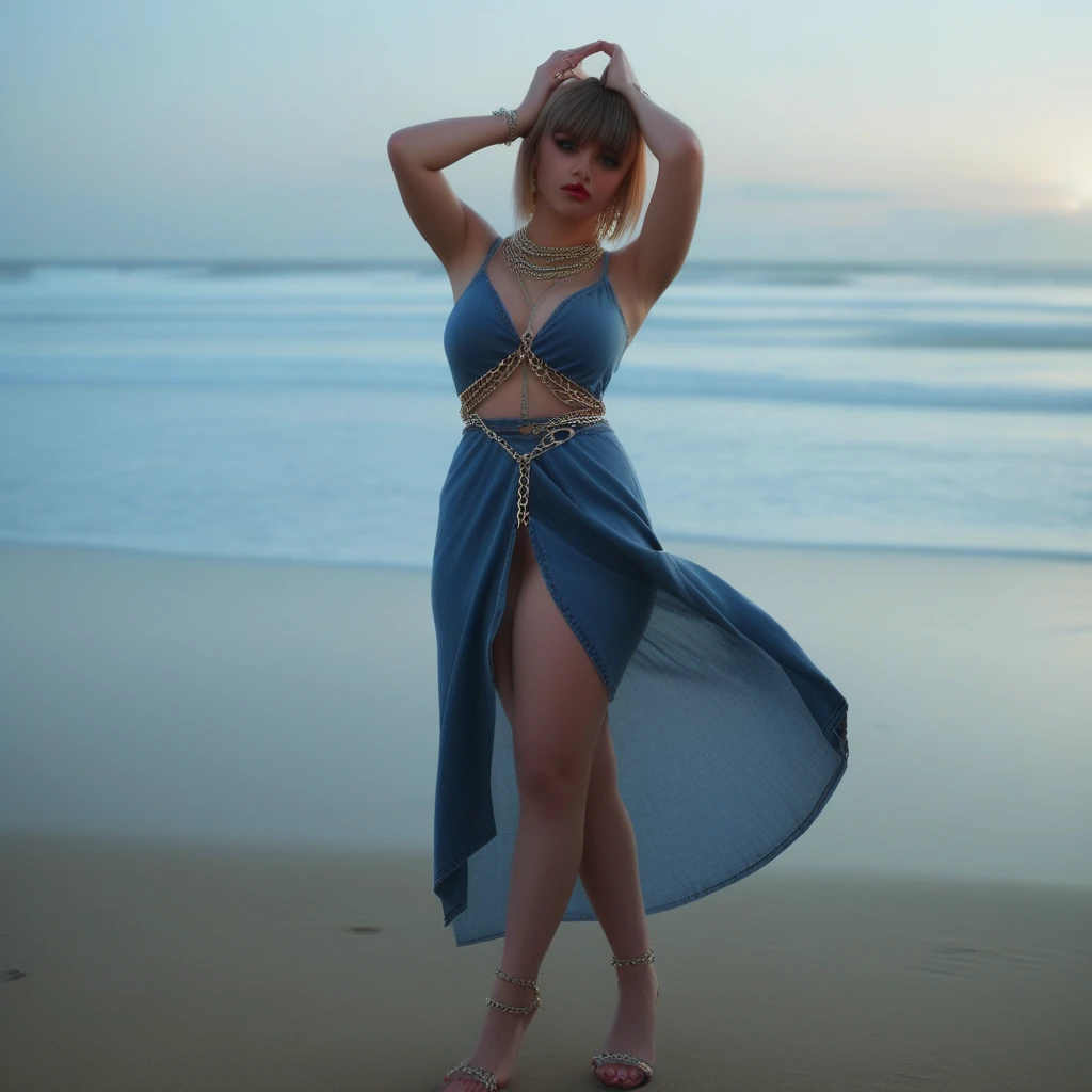 pointy ears, chain, bangs, full body, navel, denim, beach, large breasts, jewel dress, arms behind head, closed mouth, formal, feet, makeup