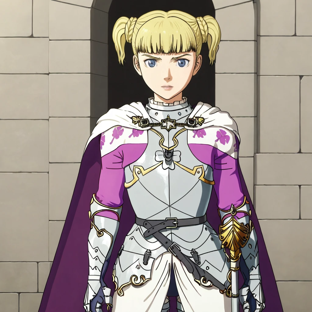 <lora:ladyfarnese_pony_v1:.8>FarneseArmor, blonde hair, 1girl, armor, cape, twintails, gauntlets, blue eyes, short hair, braid, blunt bangs, cowboy shot