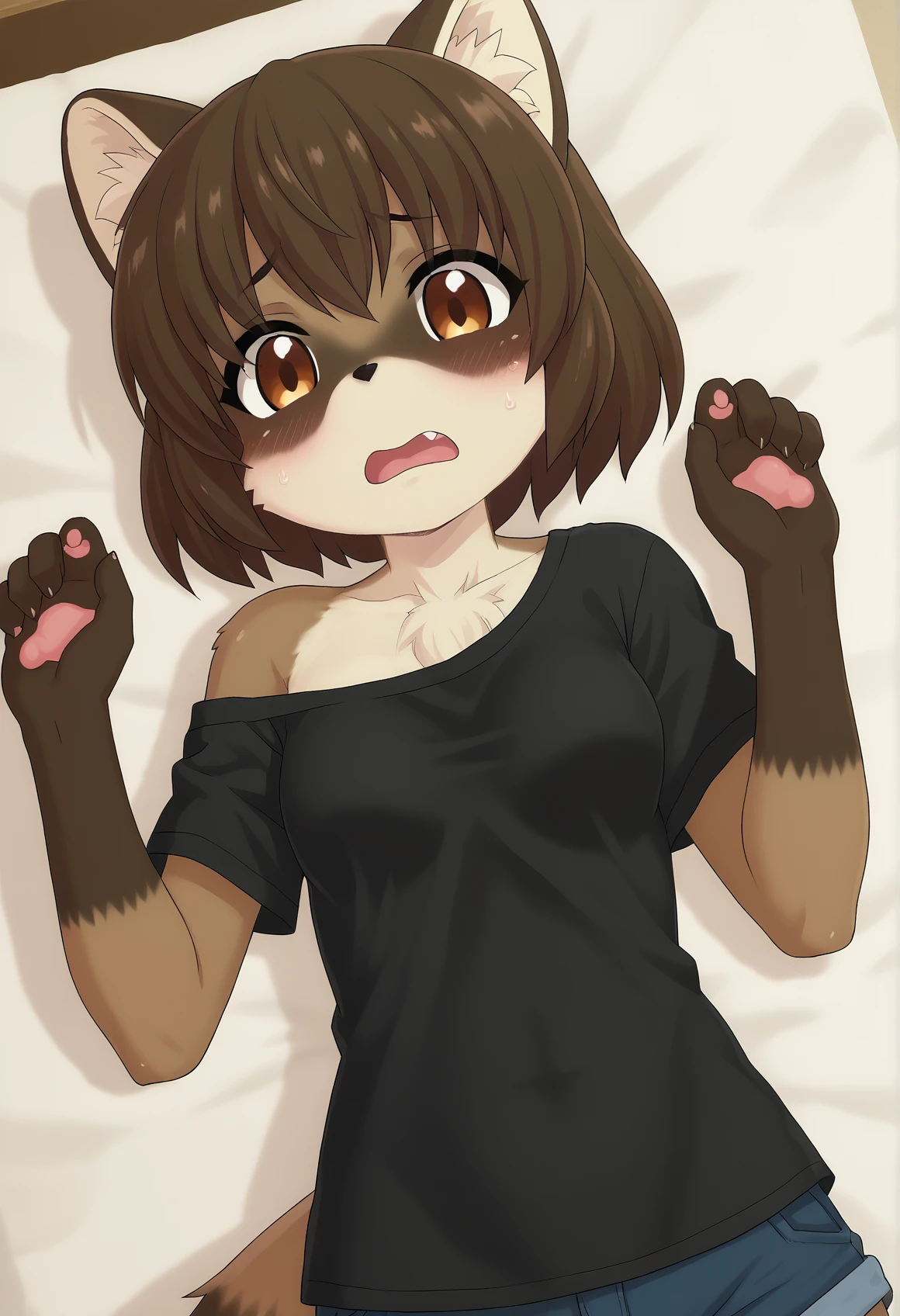 score_9, score_8_up, score_7_up, source_furry, tmc, <lora:RaccoonGirl_pony_v1:1>,
1girl, solo, animal ears, raccoon ears, furry female, brown eyes, furry, tail, brown hair, short hair, pawpads, brown fur, small breasts,
open mouth, blush, embarrassed, naked shirt, black t-shirt, off shoulder, shorts, looking at viewer,
lying on bed, from above, upper body, dutch angle,
anime screencap, <lora:p:0.3> <lora:Anime_Screencap:0.7>