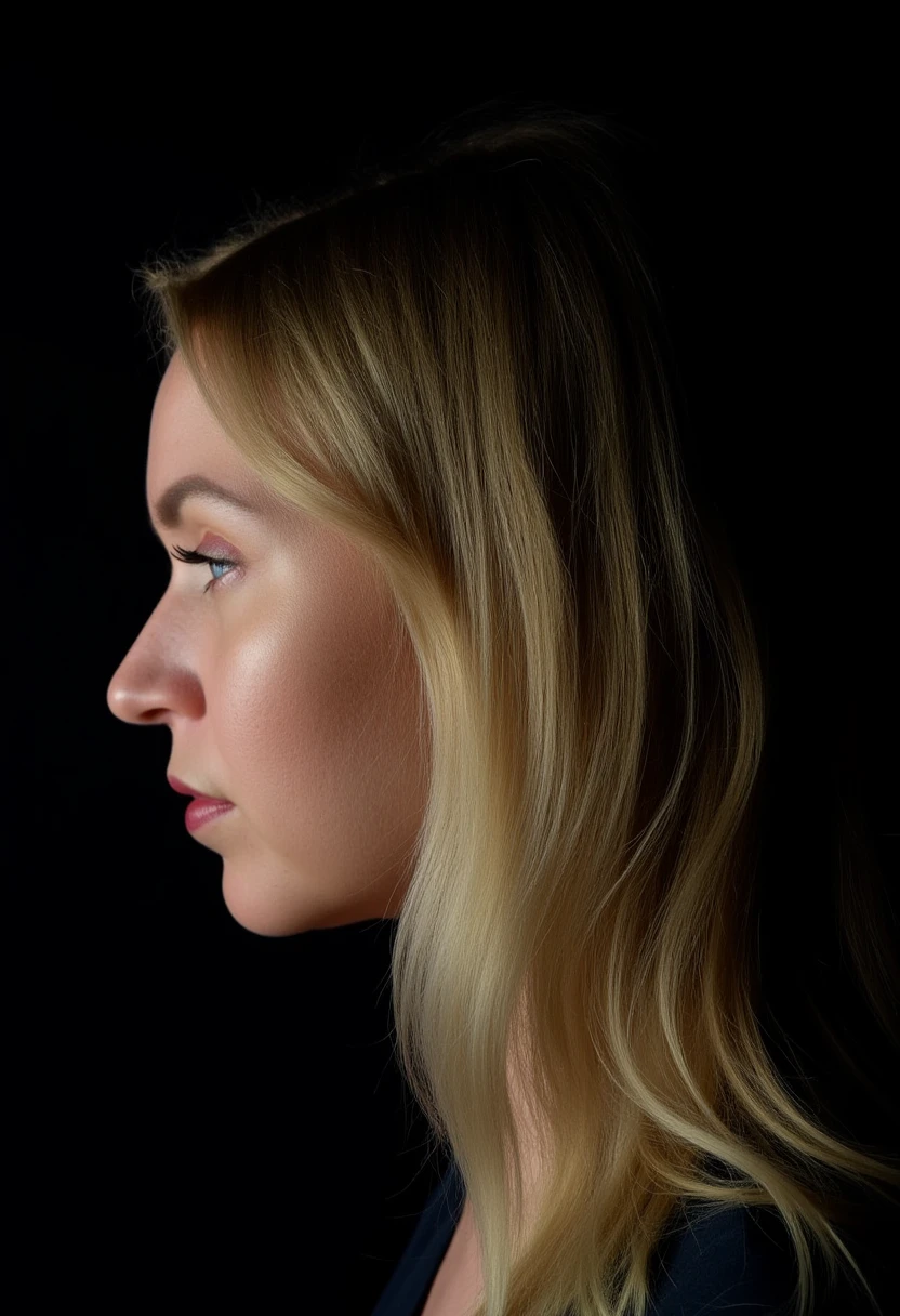 a face profile photo of munecat, a woman with long blonde hair. The background is black. The image is lit in such a way that her head appears to glow around the outline.