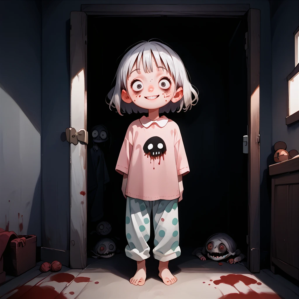 score_9, score_8_up, score_7_up, source_anime, <lora:Unsettling_Pony:0.6>, unsettling, dirty, grimy, 1girl, closet, monster,  creepy smile, creepy eyes, bloodstains, pajamas