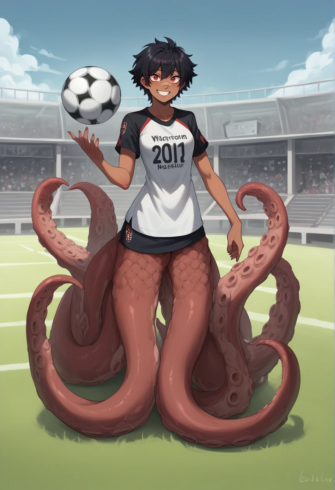 scylla, monster girl, tentacles, 1girl, suction cups, dark skin, short hair, black hair, red eyes, slender, bandaid on nose, soccer, net, smile, t-shirt, goalkeeper,  <lora:tentacle_girl:1>, score_9, score_8_up, score_7_up, score_6_up, score_5_up, score_4_up, BREAK source_anime, masterpiece