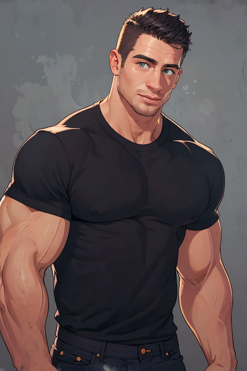 (RAW photo), high quality, absurdres,  digital art, grey background,  realistic,  <lora:PavelNovotny:0.85> pavelnovotny,  black shirt, muscular male,âââ