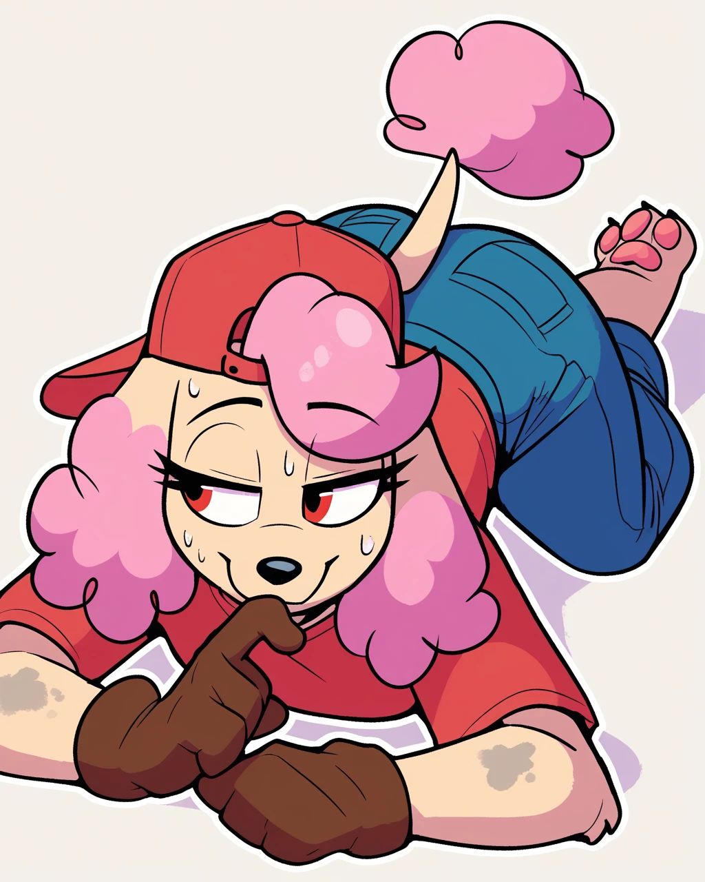 score_9_up, score_8_up, score_7_up, score_6_up, by remanedur, pink highlights, multicolored hair,  furry female, poodle, female, furry, solo, three-quarter view, head tilt, red baseball cap, baseball cap, backwards baseball cap, gloves, handwear, red shirt, sweat, dirty, panting, half-closed eyes, on front, paws, pawpads, high-angle view, lying,  red t-shirt, t-shirt, jeans, tail, simple background, white outline, <lora:Leah_Pines(AIM)_XL_v1:0.25> <lora:PDXL_artist_tags_v2_big:0.5> <lora:The-Minuscule-Task_PDXL_v1.0:0.6>  <lora:Louise_aaronchenart:0.6>