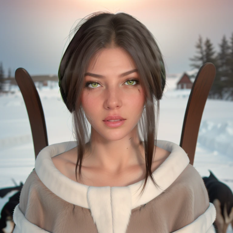 masterpiece best quality, realistic, greenland, night, round face, russian, girl standing mushing a dogsled