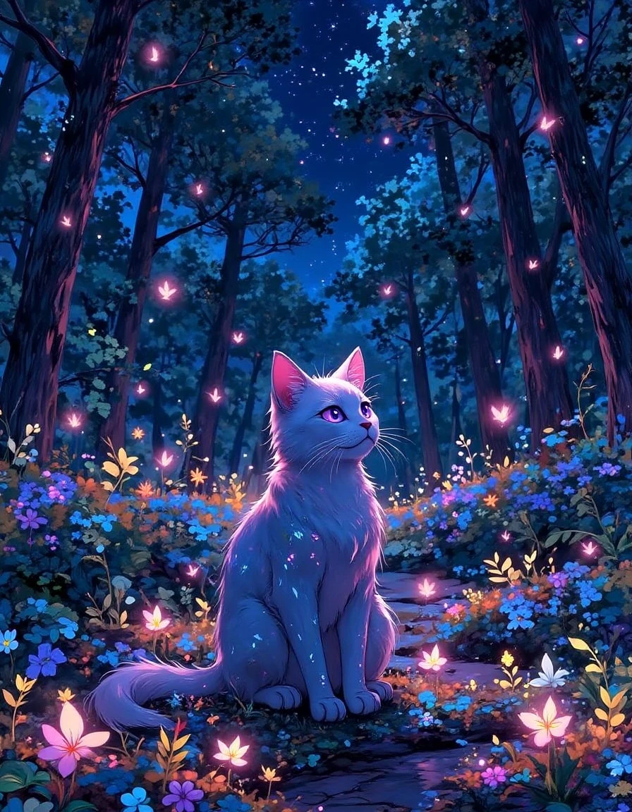 A cat sitting in the middle of a forest at night, surrounded by trees, plants, and flowers. The cat is illuminated by the moonlight, creating a beautiful and peaceful atmosphere., in the style of l0f14rt <lora:lofiart-flux:1>