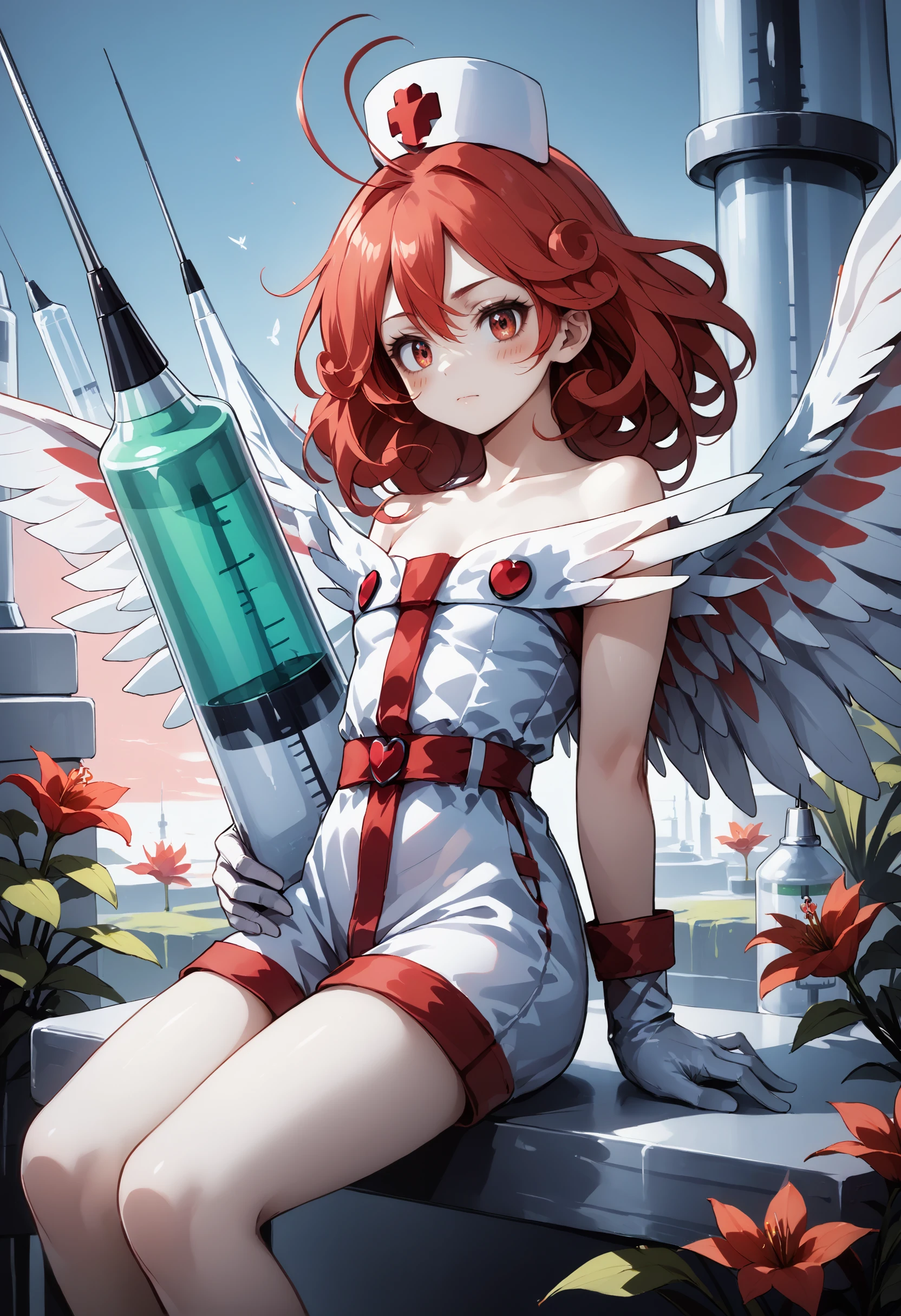 score_9, score_8_up, score_7_up, source_anime,
iflily, injection_fairy_lily, syringe, red curly hair, red eyes, sitting, nurse outfit, syringe, Long Shot, simple sky background, semirealistic, gloves, ahoge, red blush, feaathered wings
, spectral