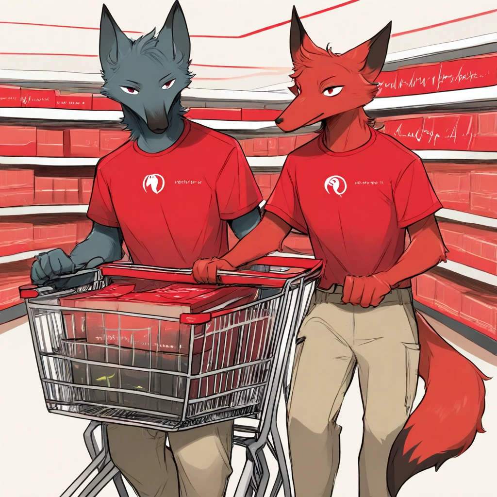 r3dsh1rtd3m0n, A (furry fox male:1.3) wearing a (red crew neck shirt:1.4) and (khaki pants:1.2), joyfully riding in a (shopping cart:1.3) outside a (red dot retail box store:1.4), surrounded by a (red aesthetic:1.5), capturing the essence of the line "I rode the city in a shopping cart, a pack of camels and a smoke alarm," vibrant colors, playful mood, urban setting