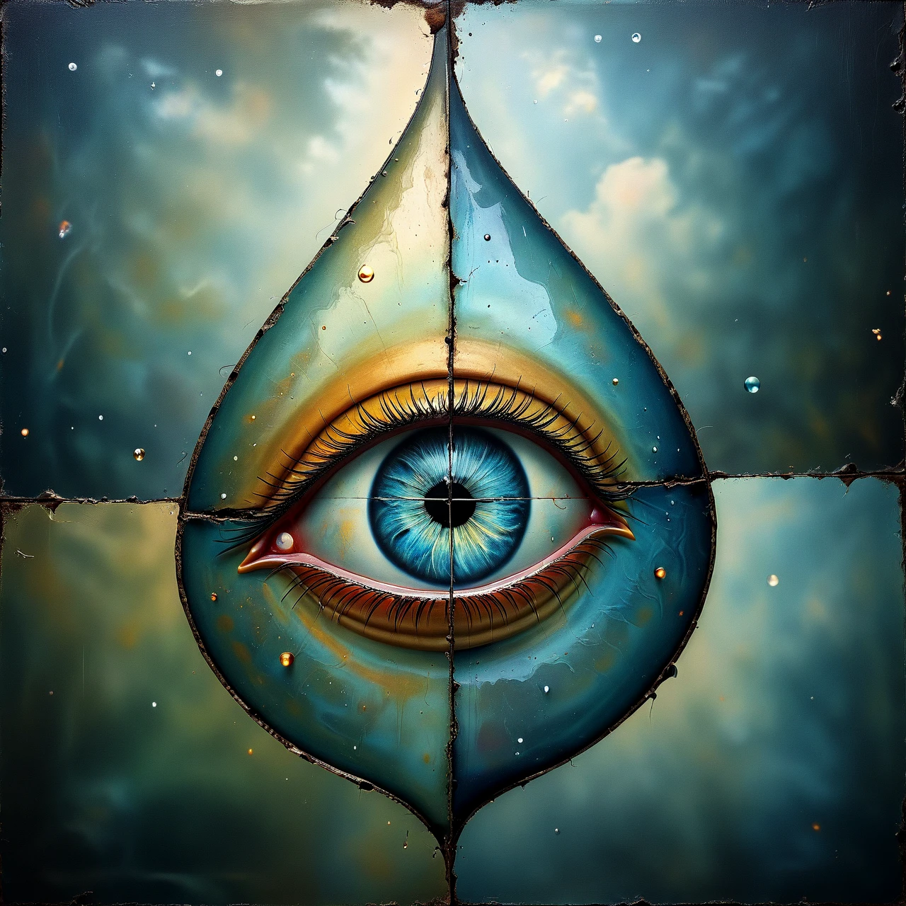 4 quadrants. Abstract. Surreal.

A teardrop. Life within a teardrop. Shimmering, glassy.

Fantasy style.

<lora:Quadrality01_CE_SDXL_64x32x180x2bOT:0.8> qdrltyCE style
