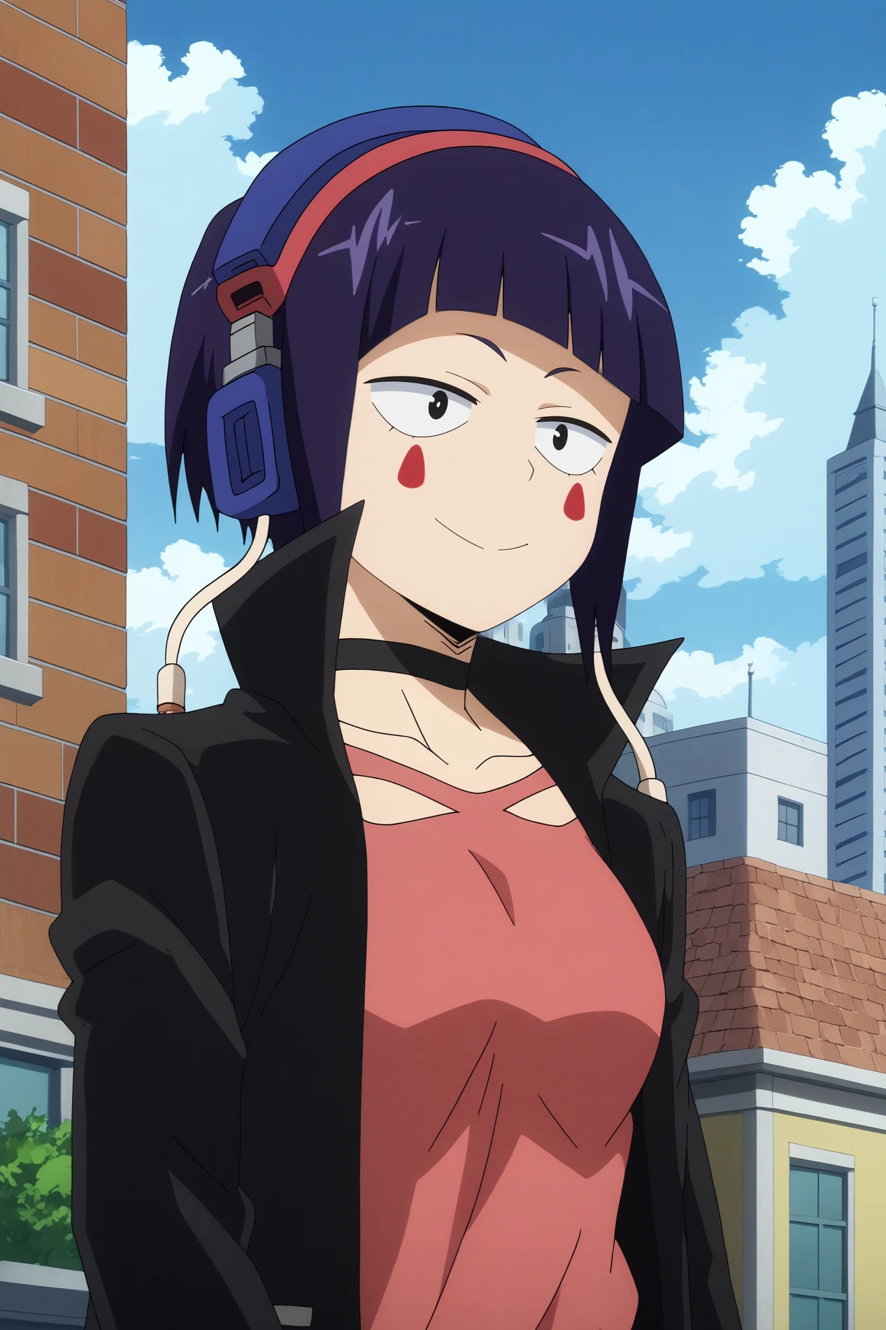  kyoka jiro,1girl,solo,breasts,medium breasts,headphones,choker,short hair,black jacket,red shirt,bangs,jacket,fingerless gloves,shirt,facial mark,blunt bangs,smile,long sleeves BREAK outdoors,cityscape,cloud,blue sky,restaurant  pleading, moist eyes,  <lora:Kyoka_Jiro_-_My_Hero_Academia.safetensors:0.8>