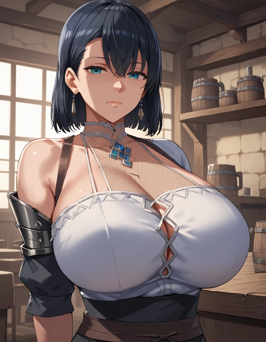 1girl, pov, 1boy, paizuri, penis between the breasts, breasts squeeze together, naughty, , inside of the cave, orc girl, cleavage, , short hair, , and prideful tomboyish orc girl, wet penis, pubic hair, green skin, nipples, she disappointed because she don't know how to titjob, fantasy, motion lines motion effects, tooth fangy
