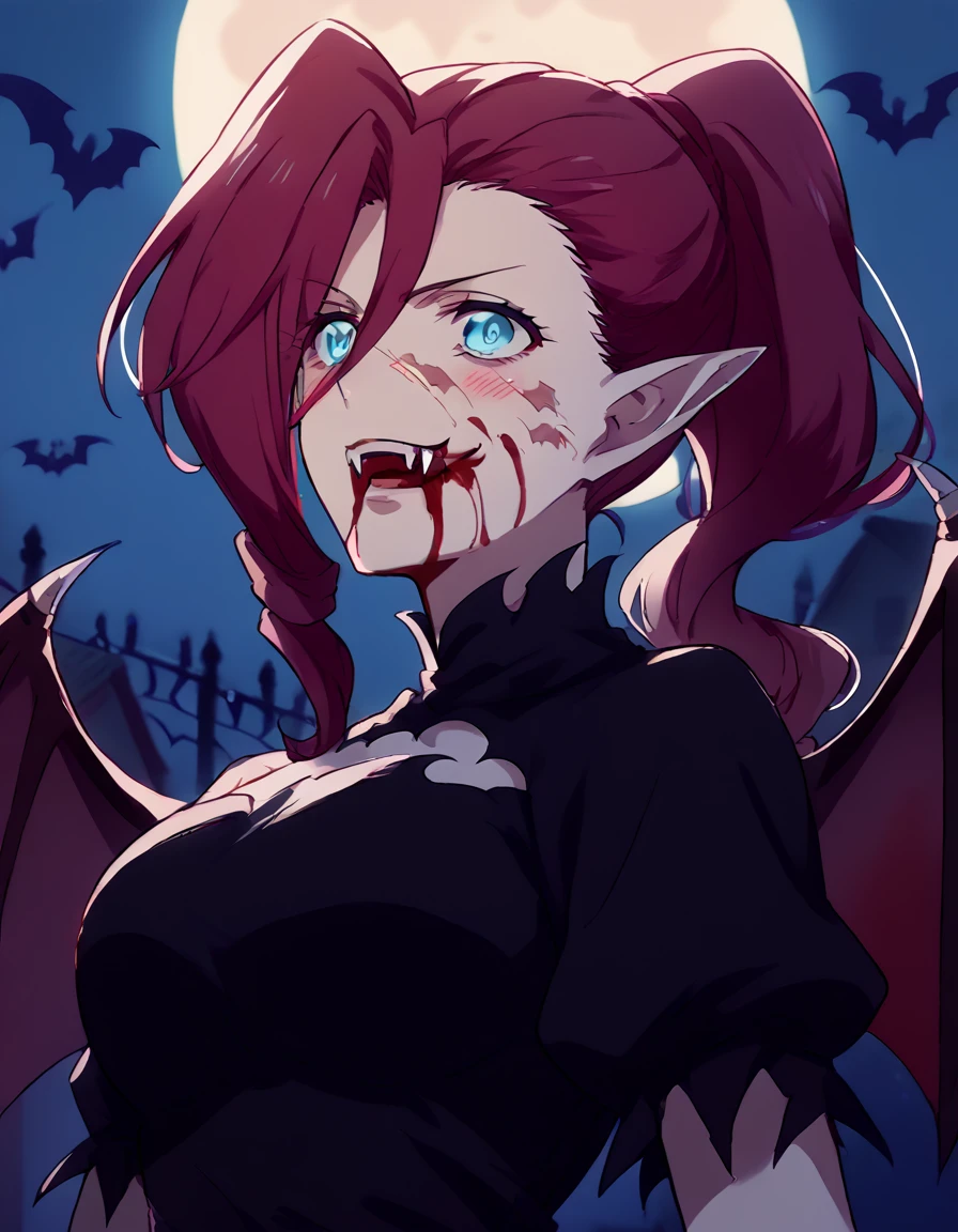 score_9, score_8_up, score_7_up, source_anime, <lora:akane-ryuuzouji-s1-ponyxl-lora-nochekaiser:1>, akane ryuuzouji, long hair, blue eyes, ponytail, red hair, large breasts,, <lora:vampire-ponyxl-lora-nochekaiser:1>, vampire, red eyes, pointy ears, fangs, black dress, wings, blood, blood on face, blood on mouth, bat (animal), halloween, halloween costume, upper teeth only, night, moon, blush, smile, open mouth, , dutch angle, cowboy shot