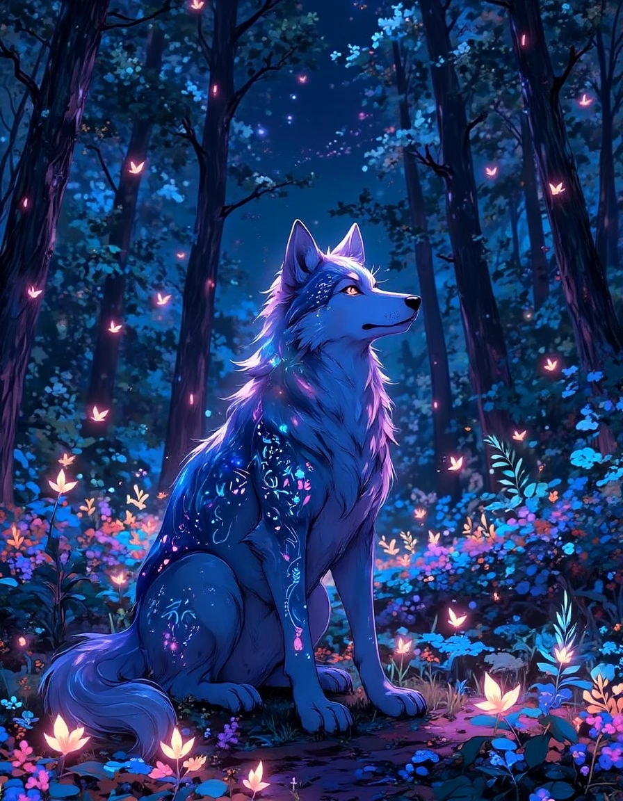 A wolf sitting in the middle of a forest at night, surrounded by trees, plants, and flowers. The wolf is illuminated by the moonlight, creating a beautiful and peaceful atmosphere., in the style of l0f14rt <lora:lofiart-flux:1>