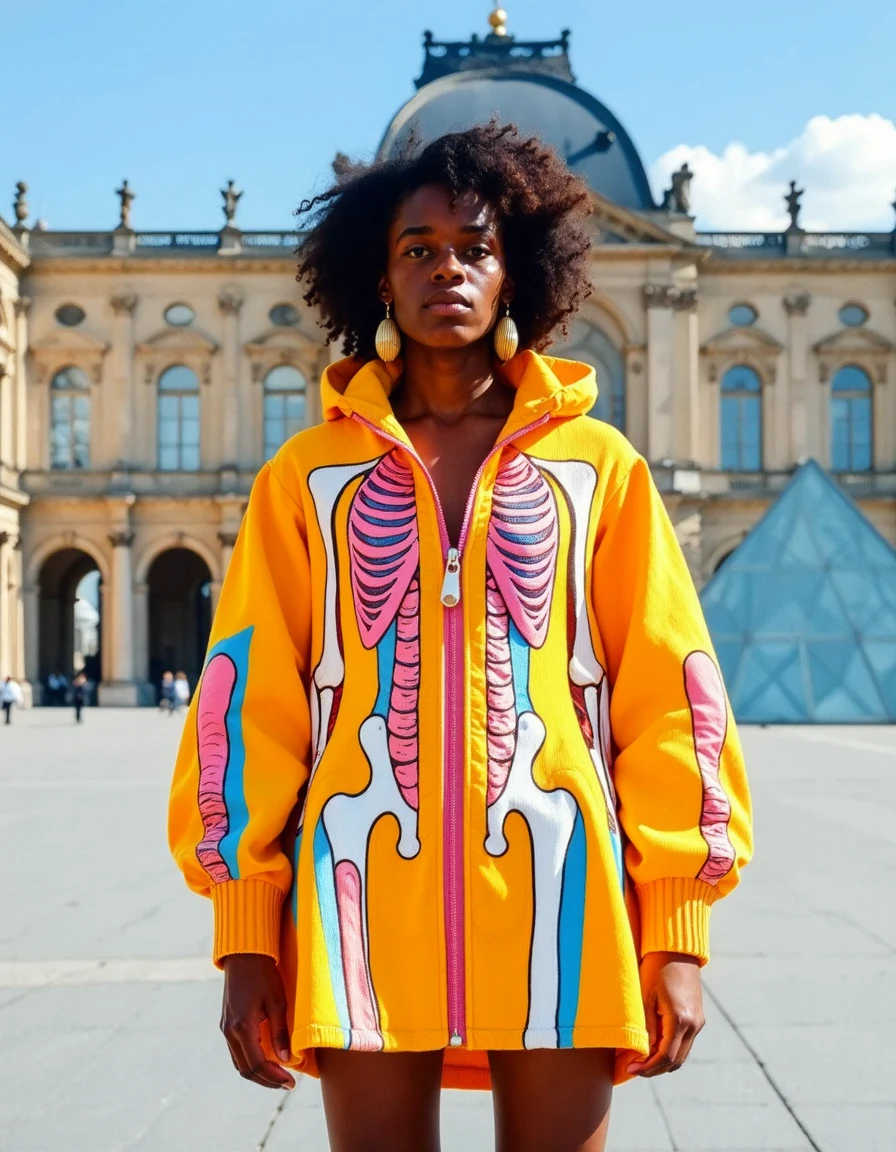 Visceral_clothing,This is a vintage, anatomically themed outfit worn by a person, adorned with colorful anatomical illustrations. The focus is on the depiction of the structure of human organs on the clothing, highlighting the design and novelty aspects of the attire. This is a high-resolution photograph of a young woman standing in a public square, showcasing a vibrant and eye-catching outfit. She has a dark complexion and curly hair, wearing a striking, futuristic dress. The dress is predominantly yellow with a large, central zipper down the front, revealing a surreal, anatomical design of human bones and organs in pink, blue, and white hues. The sleeves are puffy and balloon-like, extending past her elbows, while the skirt is short and flared. She accessorizes with large, dangling earrings. The background features a grand, historic building with classical architecture, likely a museum or palace, with tall, ornate windows and a domed roof, adding a sense of elegance and timelessness to the scene. The square pavement is clean and orderly, with a large, triangular glass structure in the distance, possibly a contemporary art installation. The sky is clear with a few clouds, enhancing the sunny atmosphere. The overall composition juxtaposes modern fashion with historical architecture, creating a visually striking and thought-provoking image.,  <lora:Visceral_clothing_04:1.2> ,<lora:Hyper-FLUX.1-dev-8steps-loraéé¾:1>