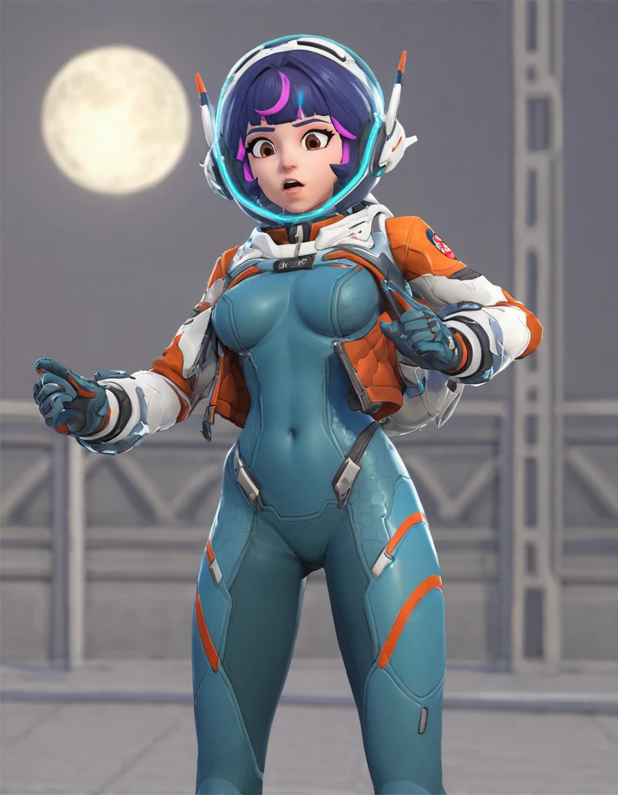 1girl (1.00), solo (0.97), purple hair (0.91), smile (0.87), ass (0.85), gloves (0.83), salute (0.81), looking at viewer (0.78), open mouth (0.74), space helmet (0.73), helmet (0.72), multicolored hair (0.71), bodysuit (0.68), jacket (0.66), brown eyes (0.66), short hair (0.66), spacesuit (0.64), breasts (0.63), :d (0.56), streaked hair (0.55), covered navel (0.53), moon (0.50), star (symbol) (0.49), Juno, <lora:Juno:0.6>