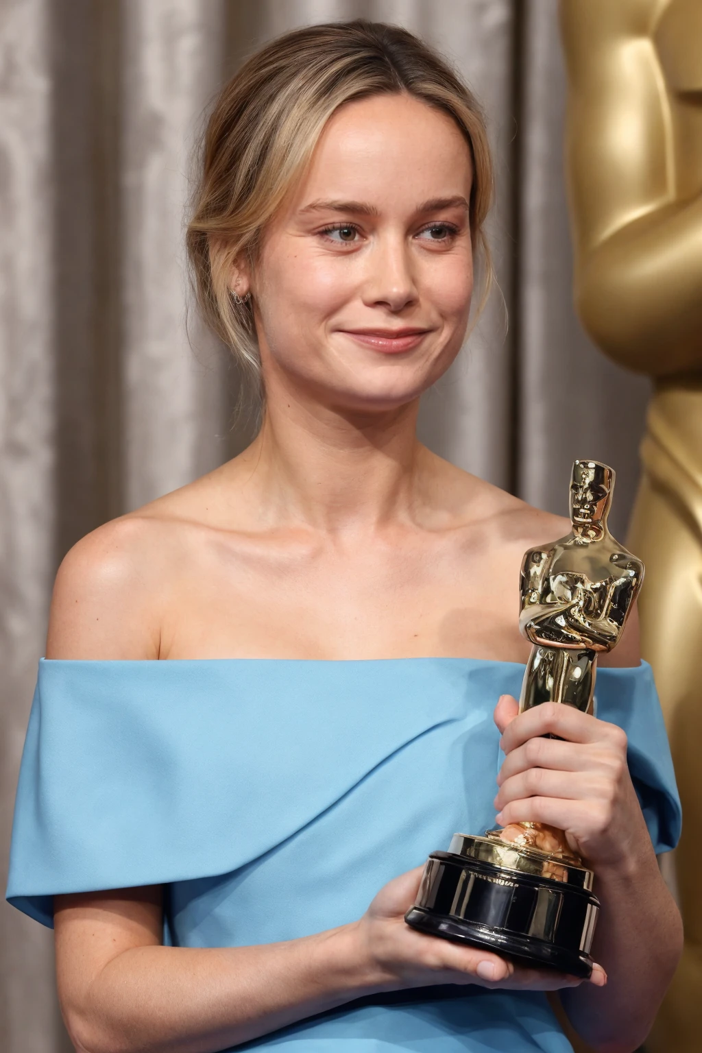 1girl, ultrarealistic, real photo, detailed skin, visible pores, woman, blur, Blue off-shoulder Dress at Award Ceremony, holding Oscar trophy, emotional, proud
 <lora:bl89_us_lora_v04:1> bl89