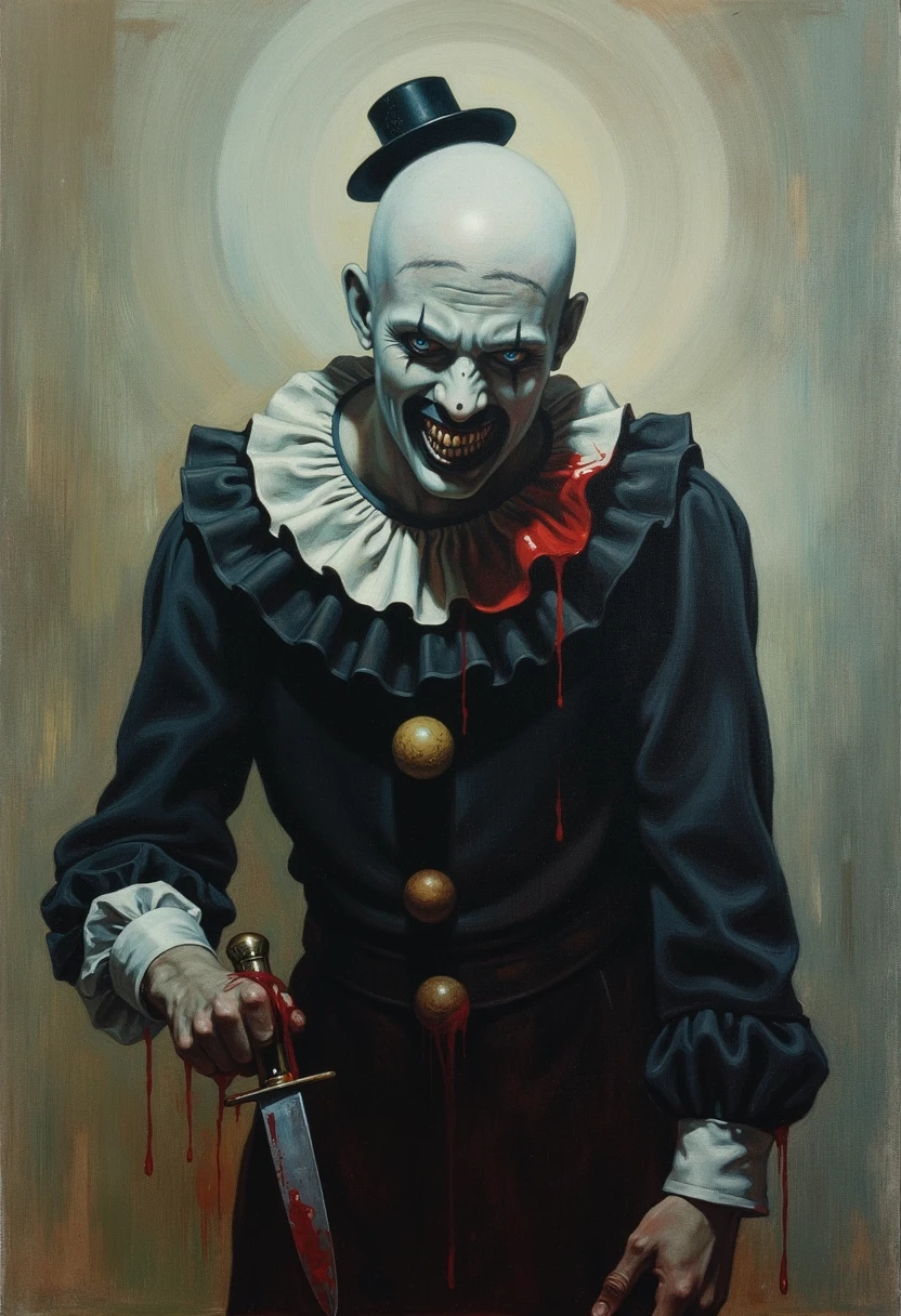 frank frazetta fantasy oil painting of a terrifying creepy middle aged male clown character with white face paint and extremely pale skin, exaggerated black lines for eyebrows and eyes, and a sinister wide smile with dark, decayed teeth. The character is bald with angular facial features adn wearing a tiny black hat, wearing a filthy black and white clown costume with blood stains. The character has an unsettling, intense stare with icy blue eyes, extreme horror aesthetic.  The background shows a minamalist terrifying landscape, she is holding a bloody knife by her side