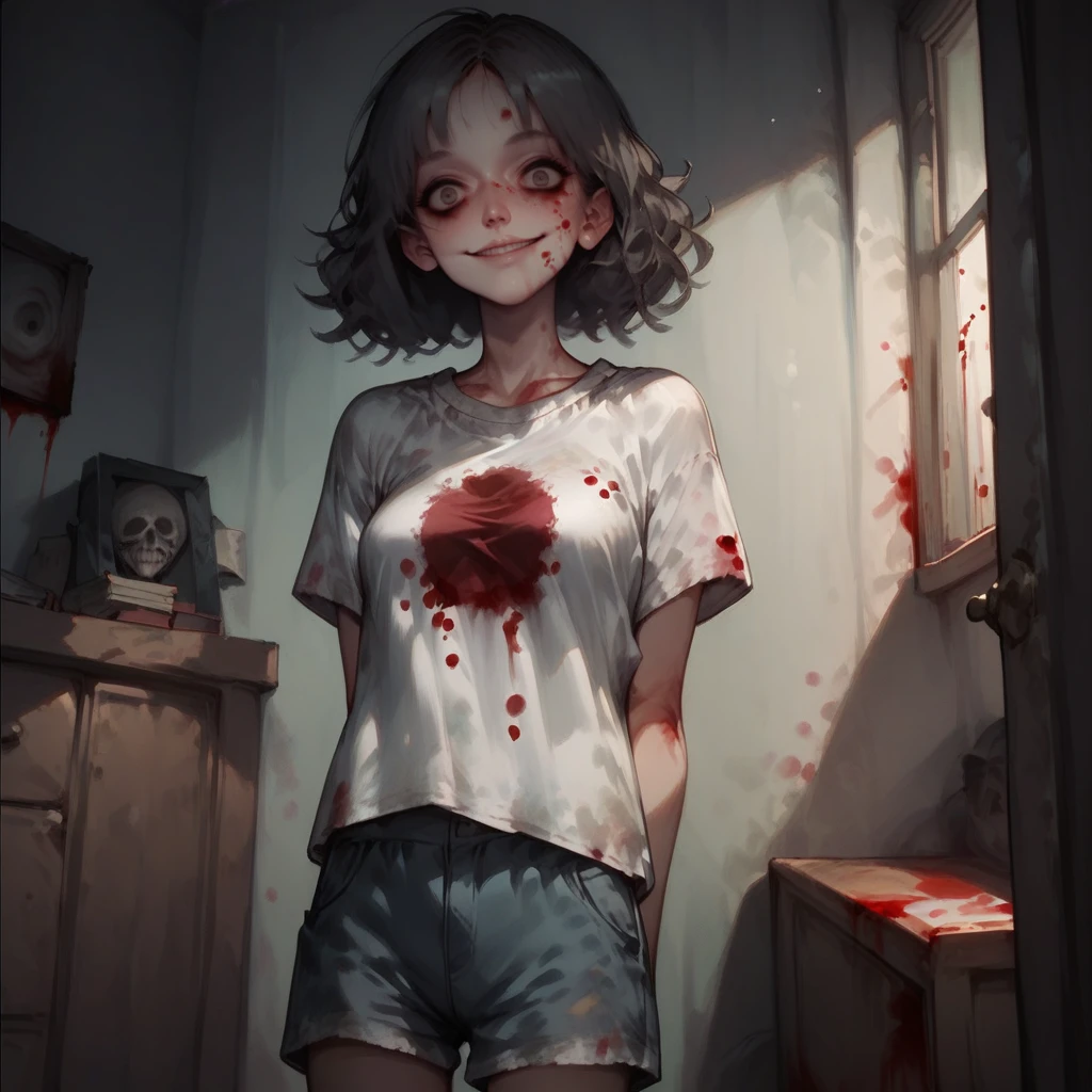 score_9, score_8_up, score_7_up,  <lora:Unsettling_Pony:1>, unsettling, 1girl, t-shirt, shorts, bedroom, smile, looking at viewer, standing, hands behind back, bloodstains, creepy eyes,