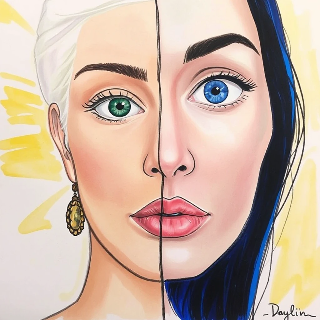 a female with a blue eye on the right and a green eye on the left, not a split image - drawn in the art style style of Salvador Dali not signed by him