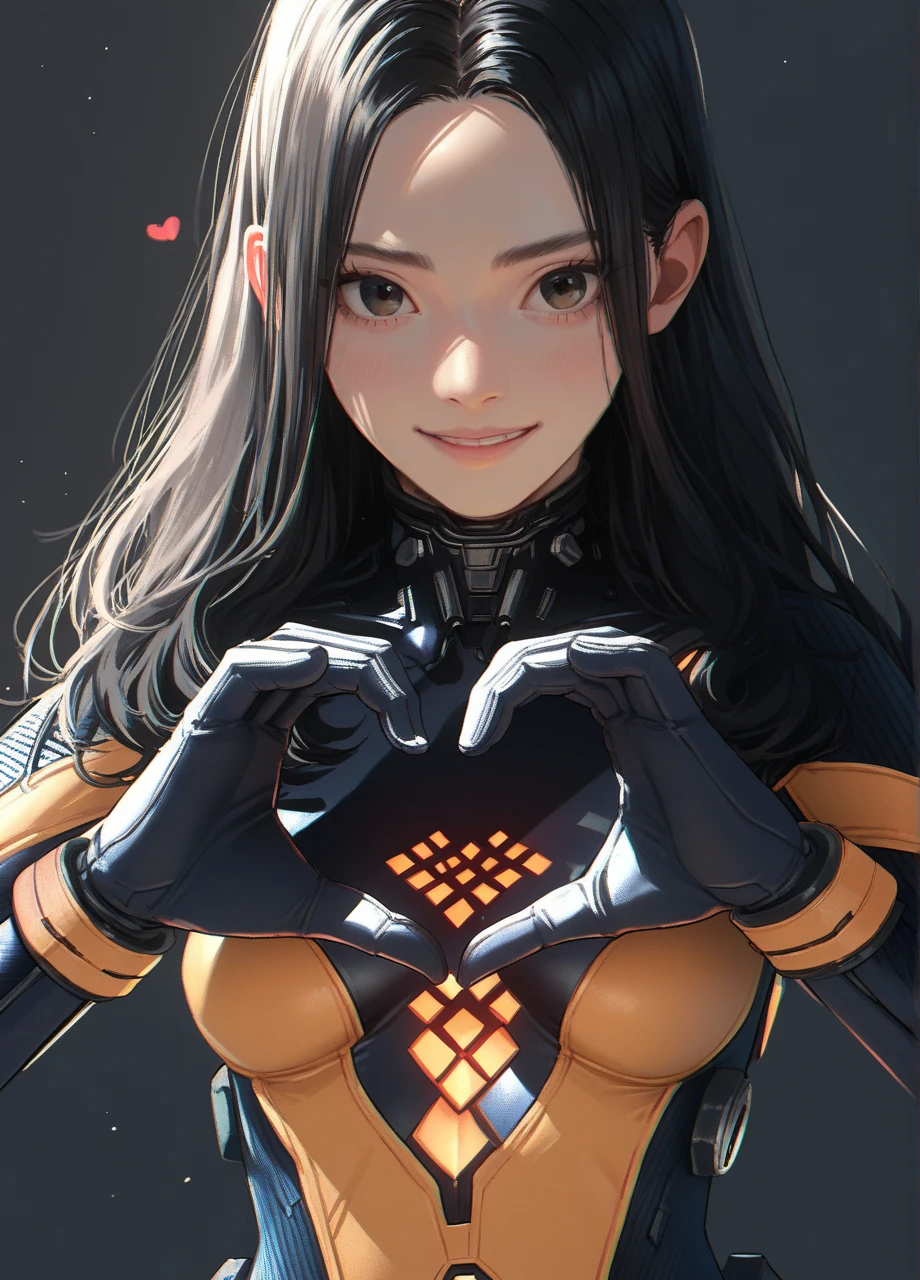 stellartachy, 1girl, solo, black  hair, black eyes, plugsuit, black gloves, smile, heart hands, long hair, simple background, anime <lora:SB_Tachy-PONY:0.8>, score_9, score_8_up, score_7_up, score_6_up,