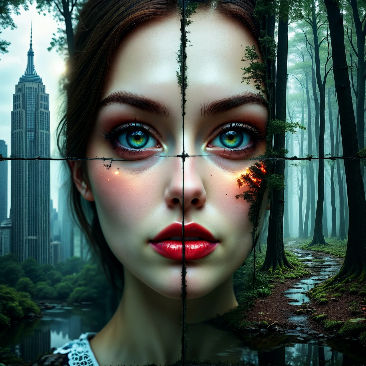 4 quadrants. A perfect reflection, female focus, beauty, forest, skyscraper.

Fantasy style. 

<lora:Quadrality01_CE_SDXL_64x32x180x2bOT:0.8> qdrltyCE style
