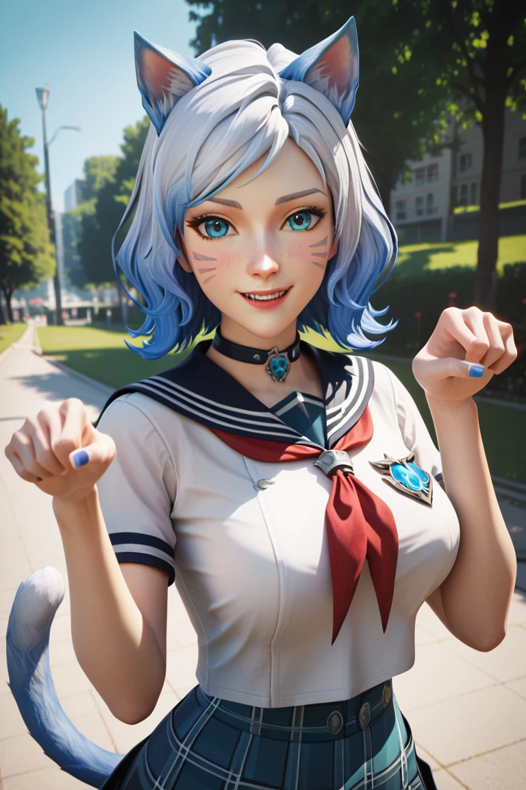 score_9,score_8_up,score_7_up,masterpiece, best quality, source_anime, 1girl, Sonya Lycanthrope, white with blue hair, medium hair, short sleeves white serafuku,red neckerchief, tiffany blue nail polish, plaid skirt, tiffany blue eyes, looking at viewer, smile, animal ears, tail, upper body, multicolored hair, facial mark, park, cowboy shot, cat pose, blush, <lora:Sonya Lycanthrope (2):0.8>  <lora:Smooth Anime:0.8>