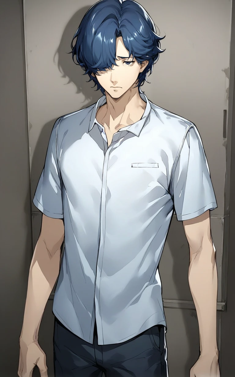 score_9,score_8_up,score_7_up,source_anime,,1boy,solo,masaki_ashiya,male focus,deep blue hair,hair over one eye,standing,sad,shirt,<lora:Masaki_Ashiya:0.9>