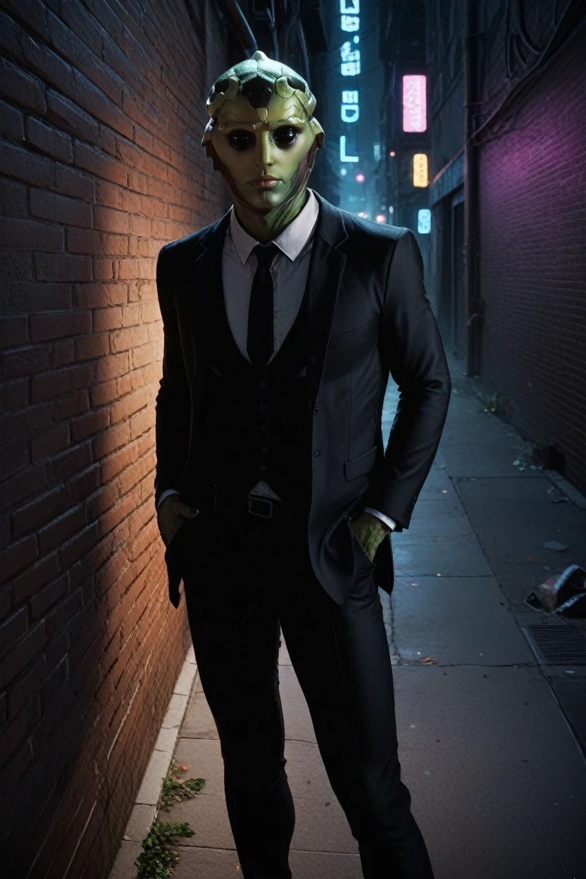 score_9, score_8_up, score_7_up,
<lora:METhane:0.8>
METhane, 1boy, alien, green skin, black eyes, looking at viewer, In a dimly lit urban alley, tailored black suit, ambient neon lights casting shadows, leaning confidently against a brick wall