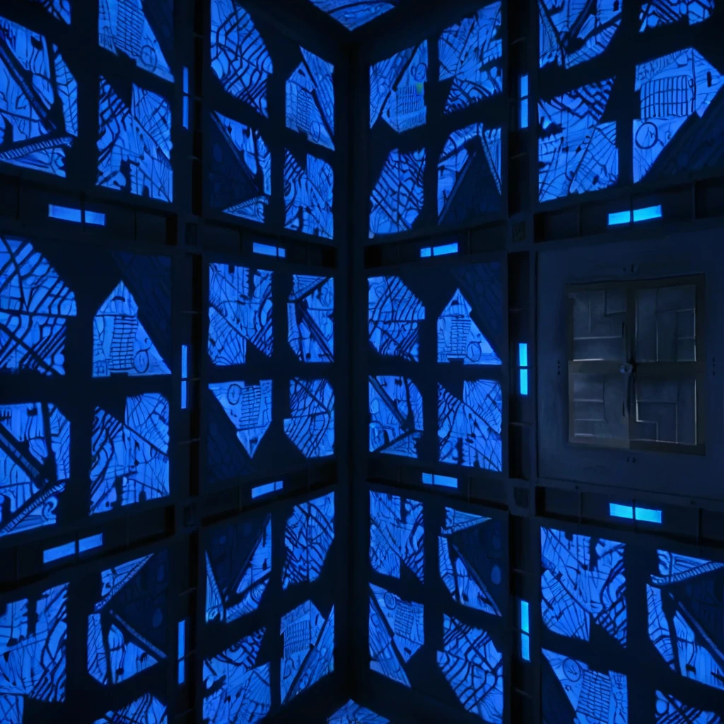 cpollcubemovie, cpollcubeblue, full room, wide view, frontal view, symmetrical layout, geometric patterns, glowing walls, futuristic design, sterile environment, closed hatch, "A 5x5x5 meter blue room viewed from a wide perspective. The room is shown from a POV view, looking straight into the space with no people visible. The room has symmetrical walls, and each side is identical, featuring geometric patterns. In the middle of each wall is a closed, square metal hatch. The walls emit a soft blue glow, creating a futuristic design and a sterile environment."