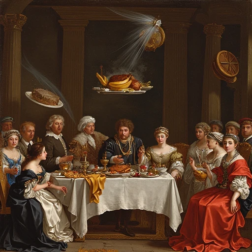 A baroque royal feast where all the food is floating mid-air—bananas, roasted meats, and goblets of wine levitate around elegantly dressed aristocrats, who calmly continue their conversation as though nothing is amiss. In the background, servants are seen attempting to catch the airborne food with nets.