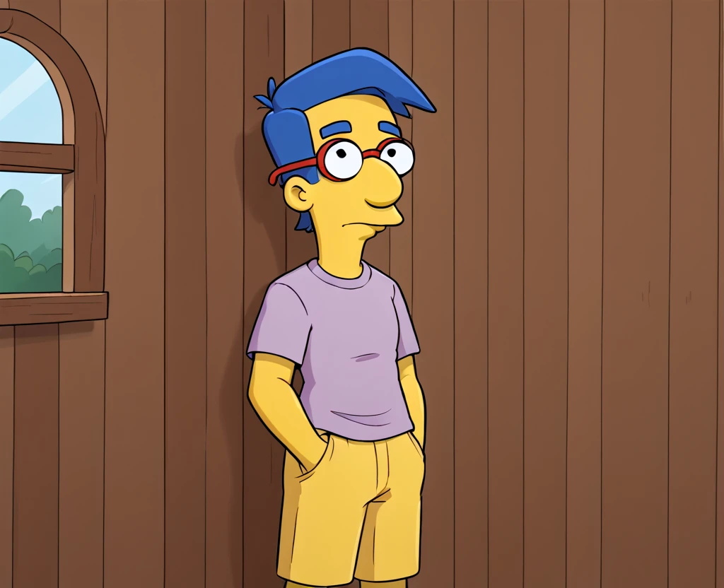 <lora:Milhouse_Simpsons_PonyXL:0.75> milhouse, score_8, solo, yellow skin, blue hair, red-framed eyewear, Simpson Family House Backyard, standing near the treehouse, hands in pockets, looking up at it with nostalgia.