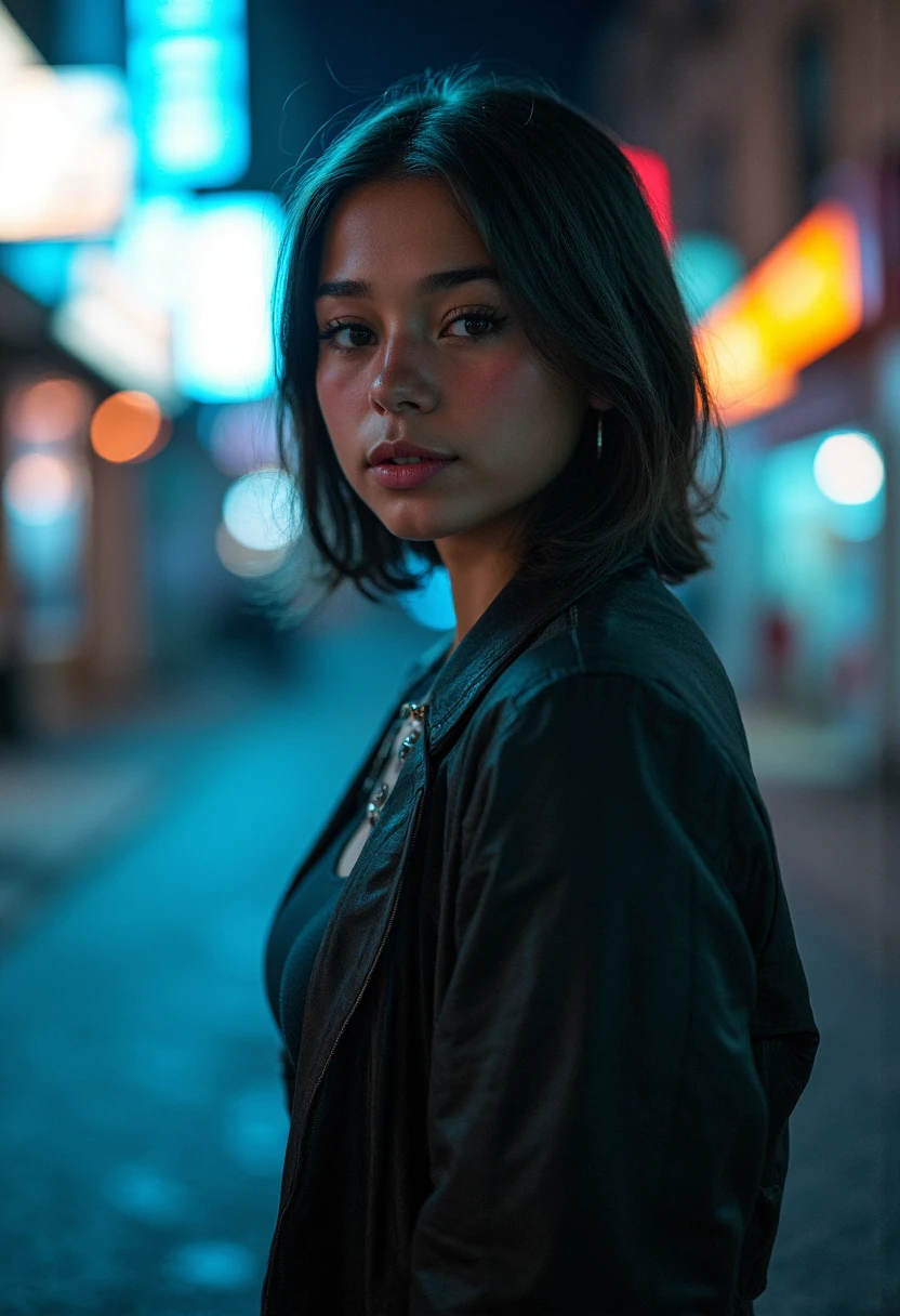 high quality image of a young woman in a cyberpunk setting at night front view