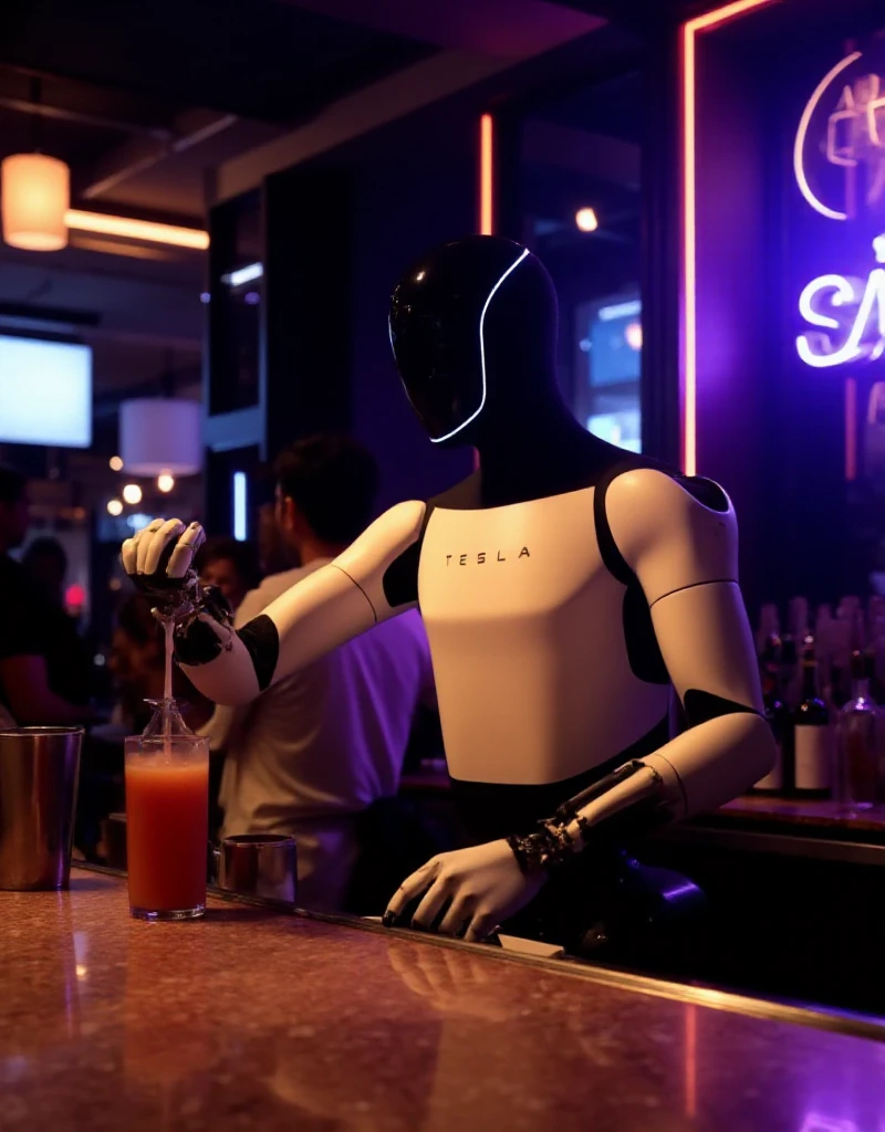 Optimus is a robot with the text "TESLA" on its chest. it's a barman serving drinks in a nighclub <lora:Optimus:0.9>