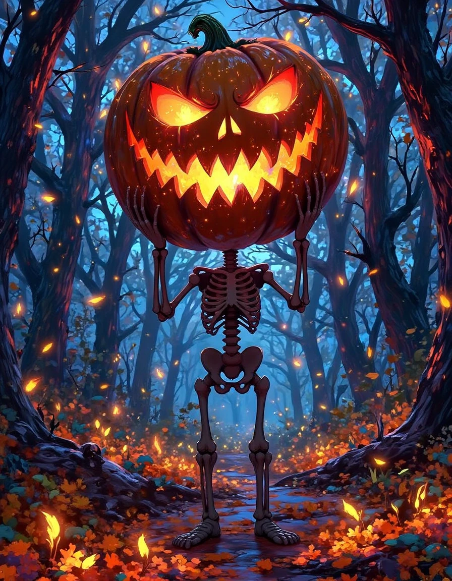 A playful skeleton stands in a foggy forest, lifting a large, intricately carved jack-o'-lantern with glowing eyes and a jagged mouth. The ground is covered with fallen orange and yellow leaves, enhancing the autumn atmosphere. Soft light filters through the trees, adding a whimsical yet spooky vibe to the scene., in the style of l0f14rt <lora:lofiart-flux:1>