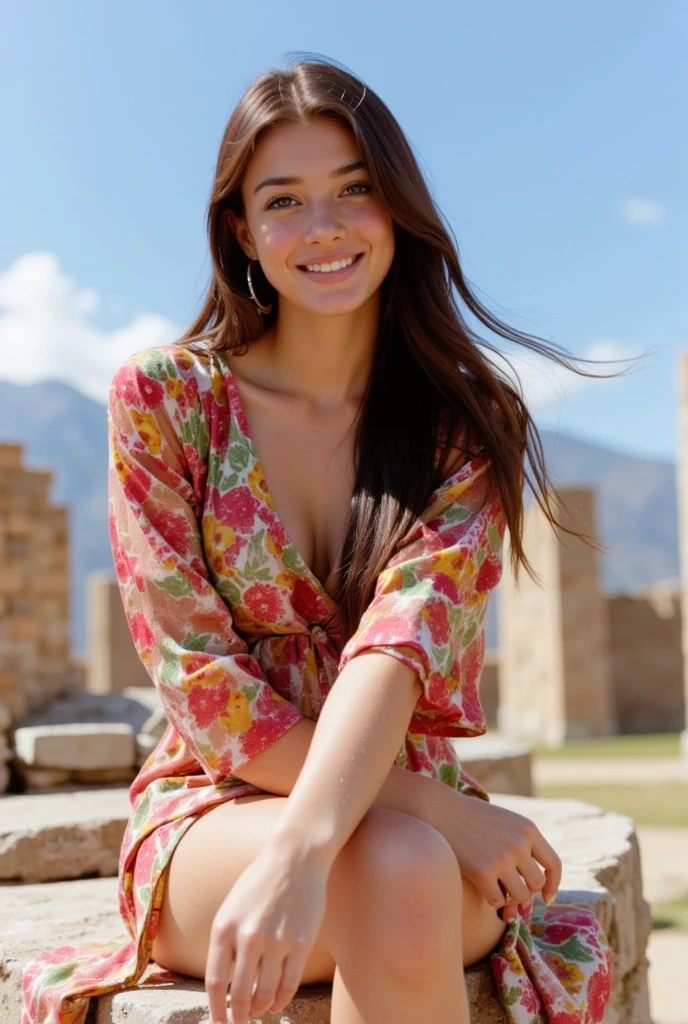 This photograph captures a young woman named vanessa with a light olive complexion and long, straight brown hair, which flows freely in the wind. She is seated on a stone structure, likely part of an ancient ruin, with a backdrop of a clear blue sky and distant mountains, suggesting a sunny day. The woman is smiling warmly, showcasing her straight white teeth, and her eyes are a deep brown, framed by subtle makeup. She is wearing a loose, long-sleeved dress adorned with a vibrant floral pattern in shades of red, yellow, and green, which complements her natural beauty. The dress is slightly sheer, revealing her toned legs. She accessorizes with small, gold hoop earrings. Her pose is relaxed, with one hand resting on her knee and the other slightly raised, giving a casual, approachable vibe. The texture of the stone structure she sits on contrasts with the smooth fabric of her dress, adding depth to the image. The overall composition is bright and cheerful, with a natural, outdoor setting that highlights the woman's youthful and carefree spirit.