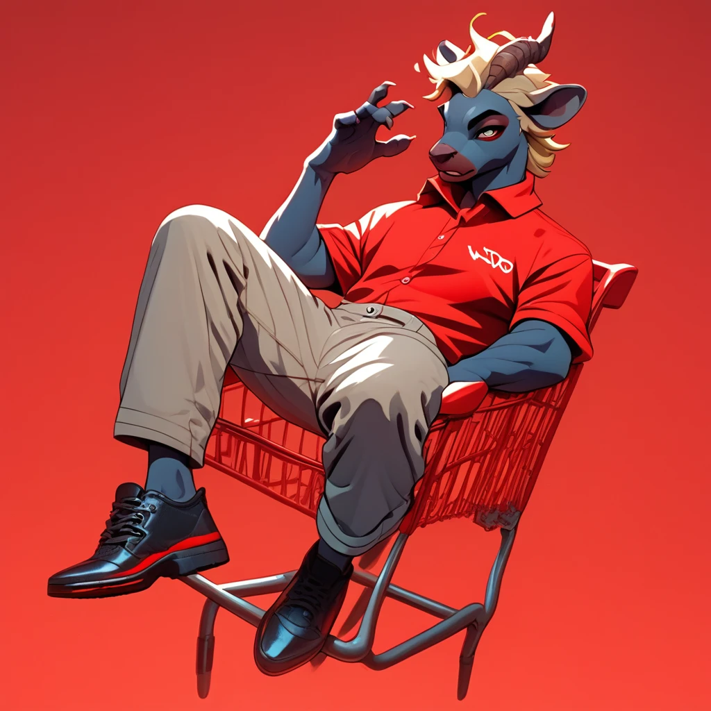 r3dsh1rtd3m0n,  A (furry male:1.3) character with (blonde hair:1.2) wearing a (red polo shirt:1.4) and (grey pants:1.3), sitting on a (chair:1.2) against a (vibrant red background:1.3), (full body:1.2) pose, (black footwear:1.2), simple background, showcasing (male focus:1.3) and (casual style:1.2), score_9, score_8_up, score_7_up, score_6_up, score_5_up, score_5_up, score_4_up